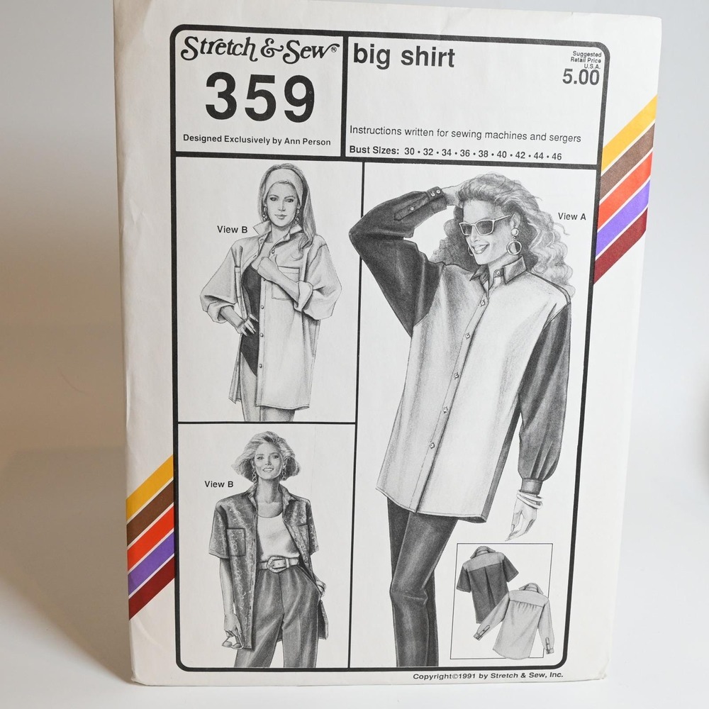 Stretch & Sew Sewing Pattern 359 Womens Bust 30-46 Big Shirt Uncut Fac Folded
